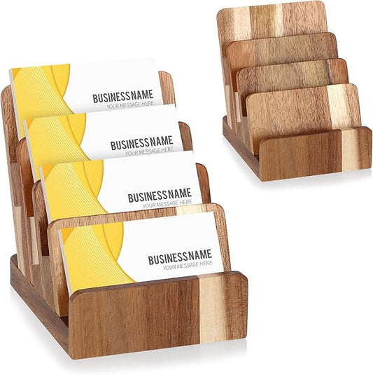 Acacia Wood Business Card Holder 4 Tier Multiple Business Card Display Stands Desktop Business Card Organizer 4 Slots Gift Card Rack Index Card Storage for Office Exhibition Meeting Home Men Women