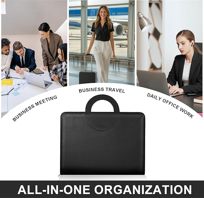 Leathario Portfolio Binder, Includes 5 Folder Index Dividers,1 Hole Punch,13 Inch Tablets Organizer with Handle, Vegan Leather A4 Padfolio, Multi-Pocket Notepad Business Planner Professional Document