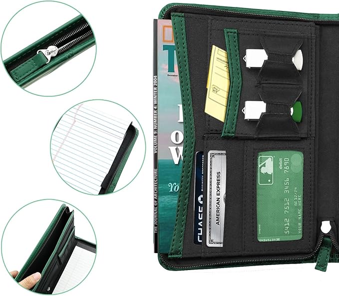 Junior Padfolio/Resume Portfolio Binder with Refillable Lined Notepad, A5 Padfolio Folder, Business Portfolio, Multi-Function Case, A5 Writing Pad Included, Dark Green