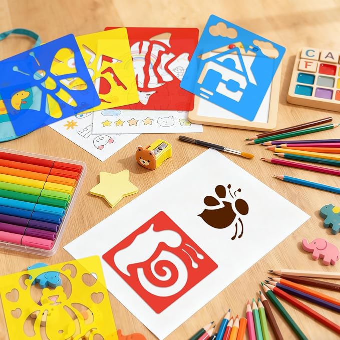 36 PCS Drawing Stencils, 5.6 x 6 Inch Drawing Stencils Chalk Template, Large Washable Reusable Garden and Geometric Themed Primary Shape Template for Learning Painting DIY Crafts