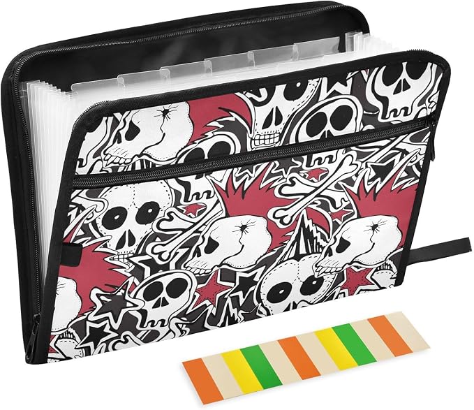 Punk Rock Skulls File Folders,Plastic Folders with 13 Pockets,Expandable File Folder for Documents School Students Office,Aesthetic Folder with Labels A4 Letter Size
