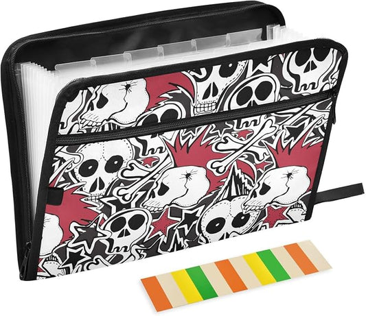 Punk Rock Skulls File Folders,Plastic Folders with 13 Pockets,Expandable File Folder for Documents School Students Office,Aesthetic Folder with Labels A4 Letter Size