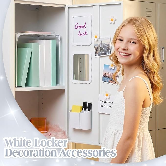 Colarr 16 Pcs White Locker Accessories for Girls Includes Magnetic Whiteboard & Mirror Locker Shelf Pen Holder 2 Dry Erase Marker & Eraser 9 Flowers for Back to School Essentials Decoration