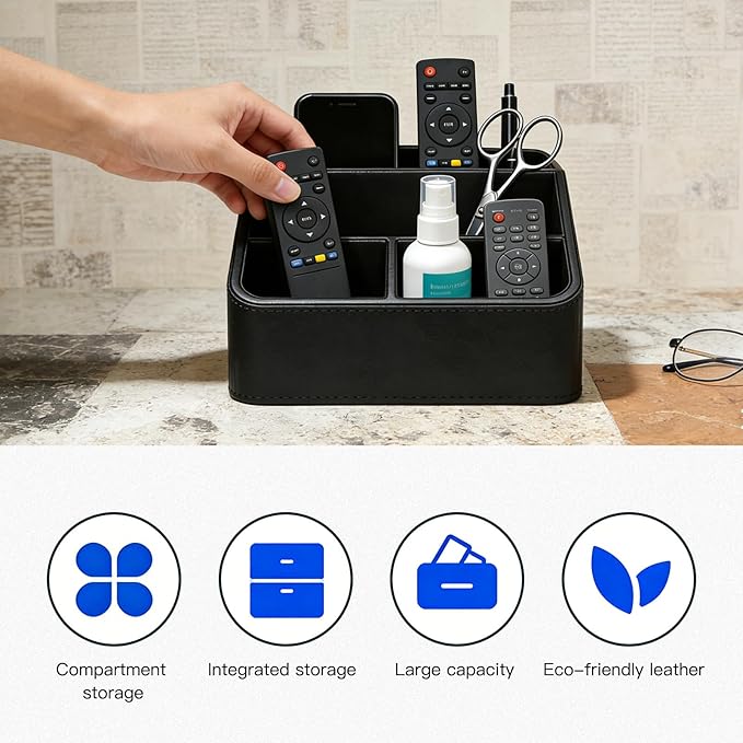 4-Compartment Remote Control Holder, PU Leather Remote Control Caddy & Small Desk Organizer, Stylish Multifunctional Desktop Organizer for Home Nightstand Office Supplies (Black)