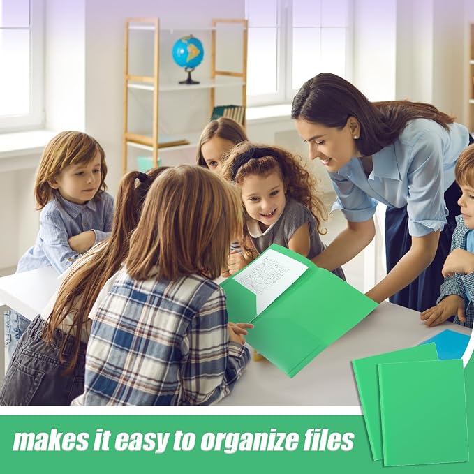 Gueevin 100 Pack Plastic Folder with Pockets, 2 Pocket Folders, Plastic Glossy Folders Fit Letter Size Paper, Heavy Duty Durable File Folder with Business Card for Home Office School (Green)