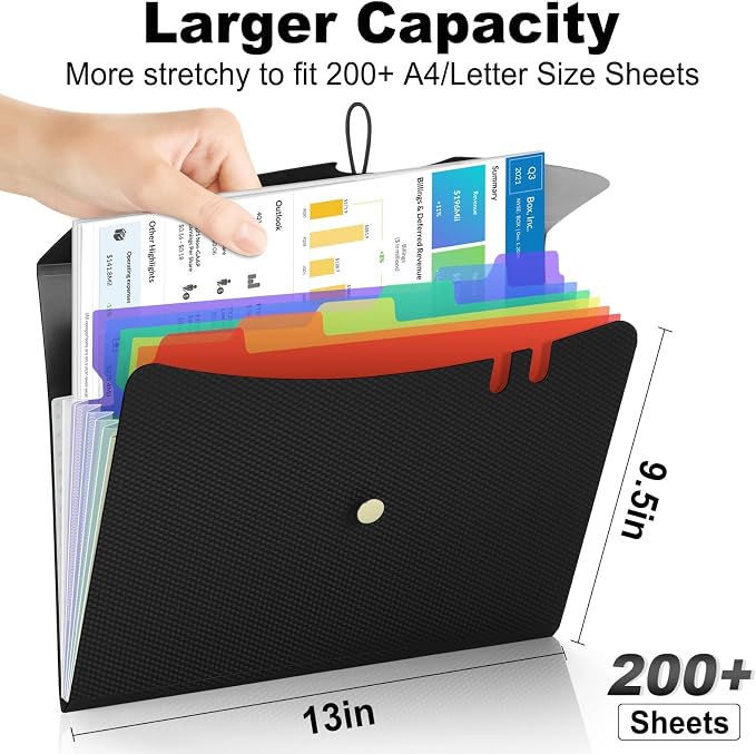 Sooez 7 Pocket Accordion File Organizer, Premium Expanding File Folder with Bungee Closure, Letter Size Folders for Documents, Portable Filing Folders for School Office Supplies, Black