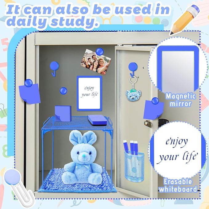 Demonwer Locker Accessories with Locker Shelf Locker Mirror Magnetic Pen Holder Sticky Note Whiteboard Mat Blue Locker Organizer for Work Mesh Metal Shelf Accessories Kit for School Office Supplies