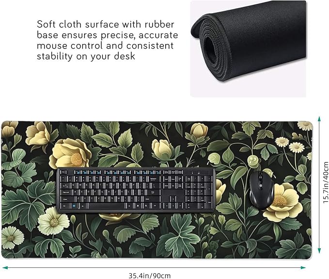35.4" x 15.7" Dark Botanical Floral Extended Mouse Pad, Vintage Yellow Flower & Green Leaf Desk Mat with Non-Slip Base, Water Resistant for Gaming & Office