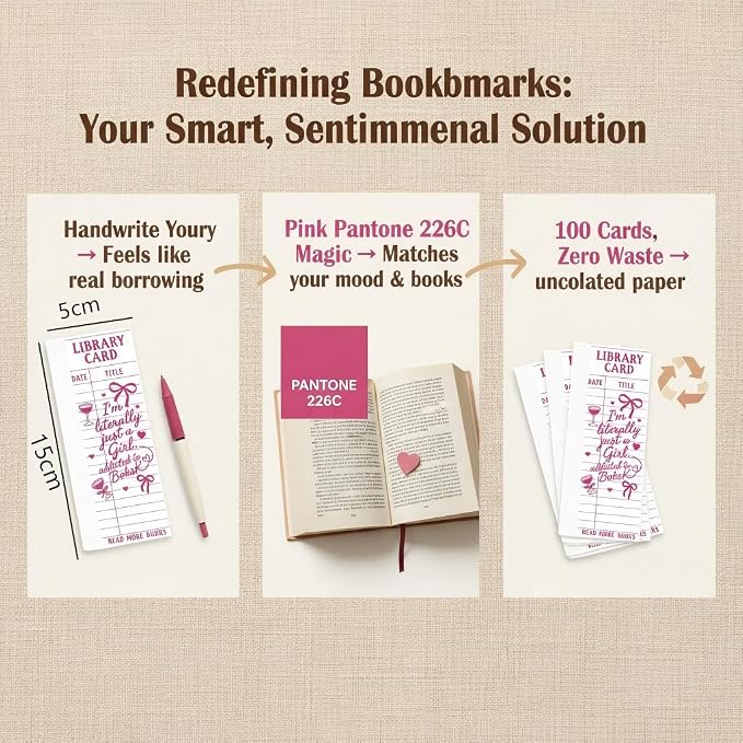 Vintage Library Card Bookmarks Bulk - 100Pcs Pink Retro Reading Quote Book Marks, Matte Thick Paper Book Marks for Reading Women, Book Club Gifts
