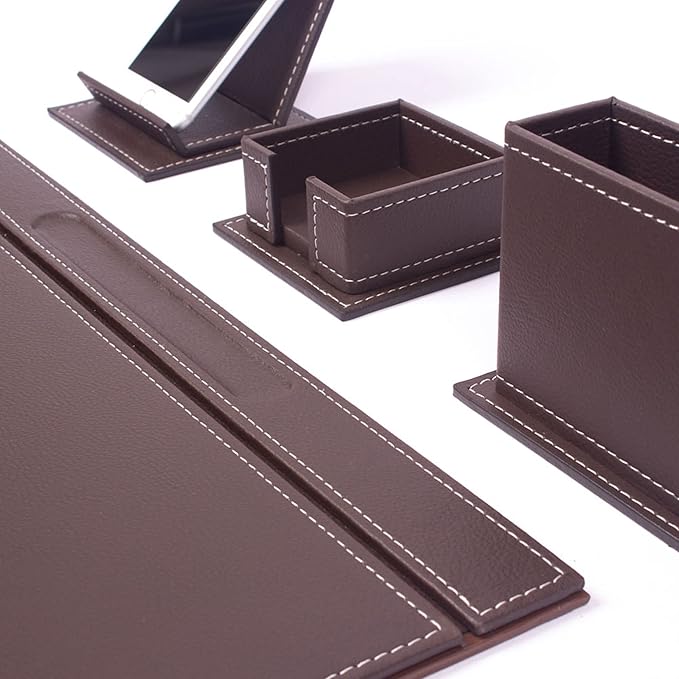 Leather Desk Set - Home Office Accessories - Desk Supplies - Leather Desk Set - Office Table Work Desk Accessories - Desk Storage Organizer - 4 Accessories-4 PCS (Brown)