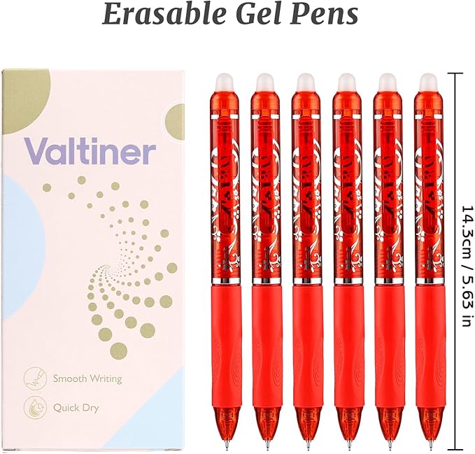 6 Pcs Retractable Erasable Pens, Colored Gel Red Ink Pens Clicker with Erasers, 0.5mm Fine Point Smooth Writing Pen for Journaling Note-Taking Crossword Puzzles Supplies (Red)