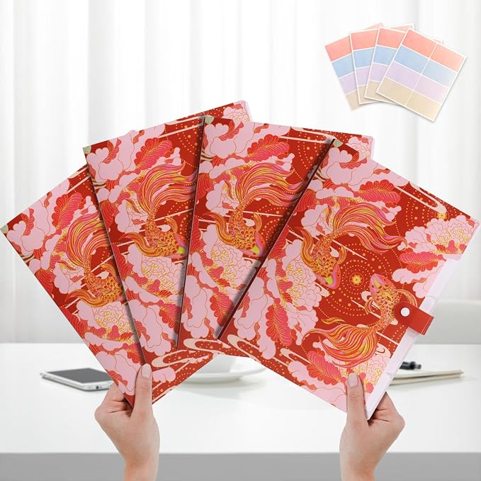 Cute File Folders, Expanding File Folders with 32 Labels, 5 Pocket File Organizer, Accordion File Organizer Letter Size for School, Office and Home - Lucky Koi Red Style Set of 4