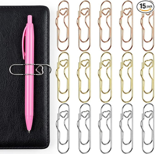 15 Pack Pen Holder for Notebook - Heart Shaped Metal Pen Clips, Gold Silver Rose Gold Notebook Pen Holder, Journal Pen Holder Clip for Office School Supplies