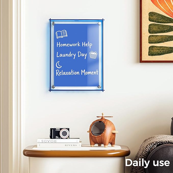 TOWON 9x12 Inch Blue Acrylic Dry Erase Board & Photo Frame, Wall Mount Reminder Whiteboard with Slide-Lock Design for Home Office, Kitchen and Dorm Décor | 4 Dual-Tip Markers and Double-Sided Eraser