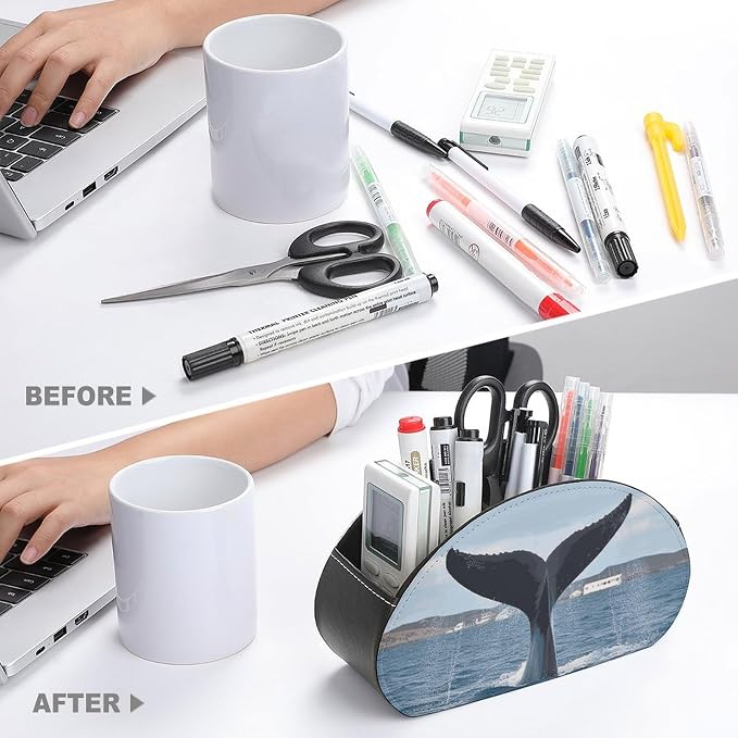 Whale Tail Remote Control Holder with 5 Compartments Leather TV Remote Caddy Remote Storage Box Desktop Organizer for Pen/TV Remotes/Media Controllers/Office Supplies