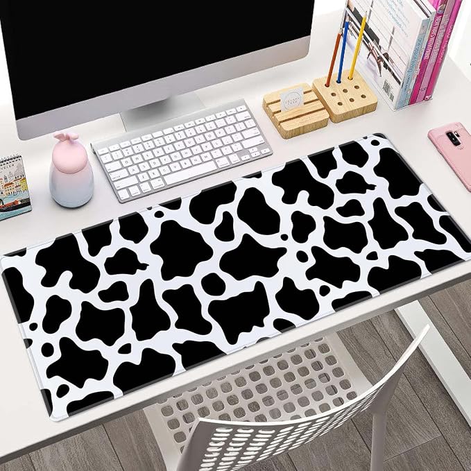 Cute Cow Pattern Desk Pad - Large XL 31.5''X 11.8'' Gaming Mousepad - White & Black - On Top of Desks - Laptop Computer Keyboard Mouse Mat