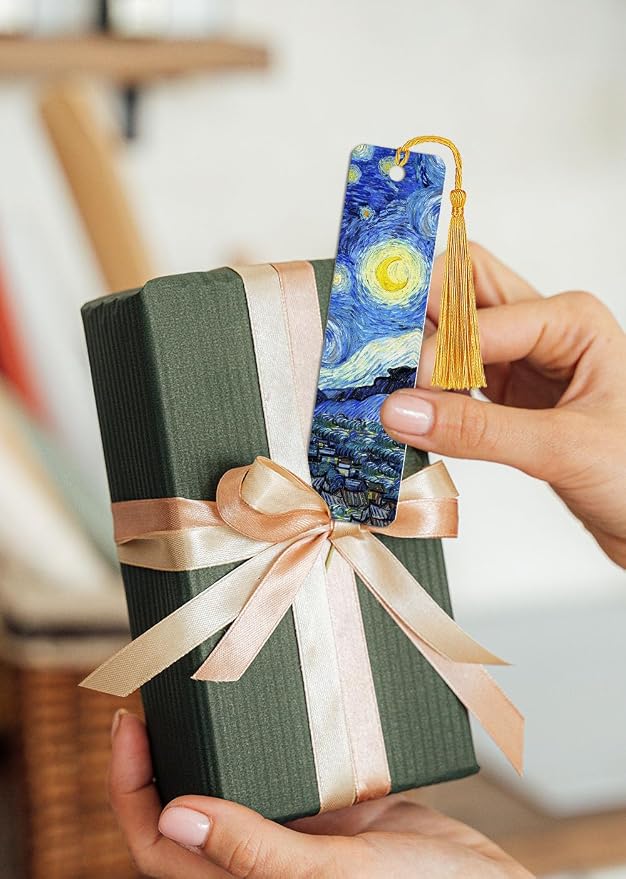 WIRESTER Set of 3 Metal Bookmarks with Light Gold Tassel for Students, Reader, Teachers, Book Lovers - The Starry Night Van Gogh, Cafe Terrace At Night Van Gogh, Irises Vincent Van Gogh