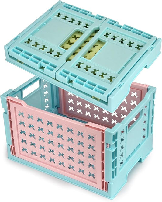 Domiella 2-Pack Foldable High-Strength PP Ventilated Baskets - Collapsible Storage Bins for Kitchen, Camping, Office & Home, Wear Resist Indoor Outdoor Organizer, Small Blue-Yellow & Blue-Pink