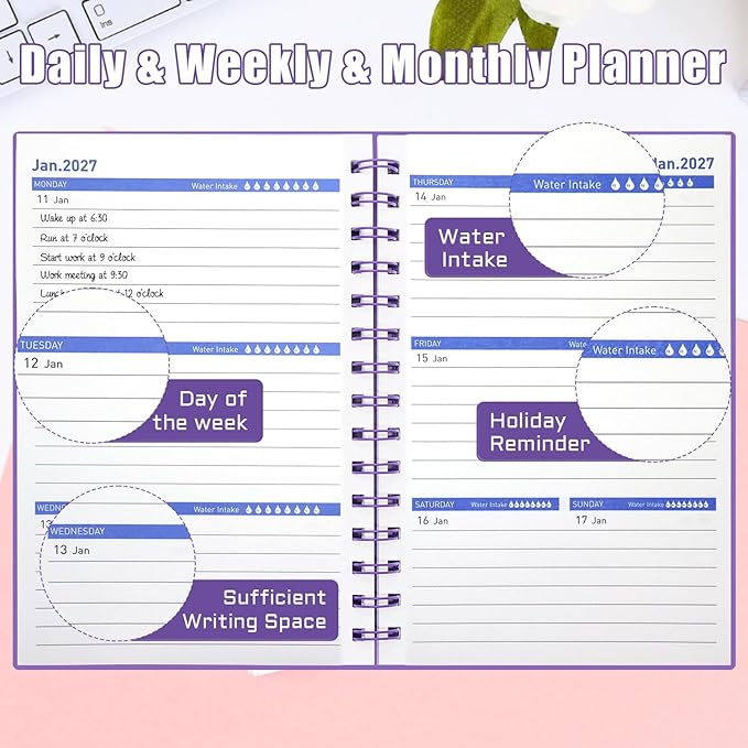 2026-2027 Weekly, Monthly and Daily Planner, 18 Month Planner Notebook from Jan.2026 to Jun.2027 - Academic Organizer for Women Men 5.7" x 8.2"- Dark Purple