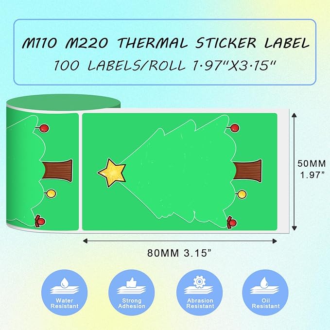 Thermal Labels Christmas Tags for Xmas Compatible with Phomemo M100/M110/M150/M221/M220/M120/M200/M250 Label Printer,1.97''x3.15''(50x80mm), 100 Labels/Roll