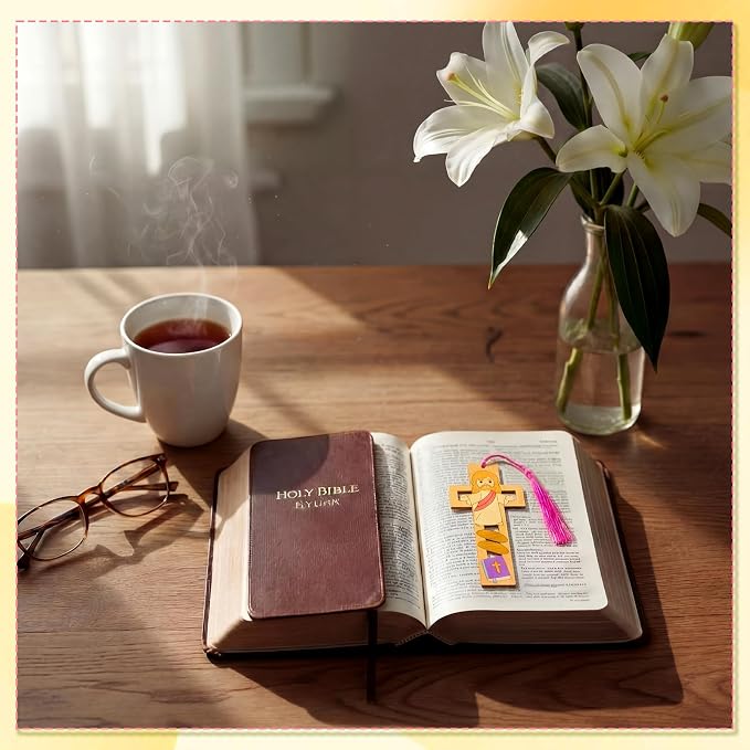 Yexiya 30 Sets DIY Christian Bible Bookmarks for Crafts, Unfinished Wooden Cutouts with 30 Tassels & 12 Color Markers, Bulk Religious Art Supplies for Sunday School, Vbs, Baptism & Church Activities