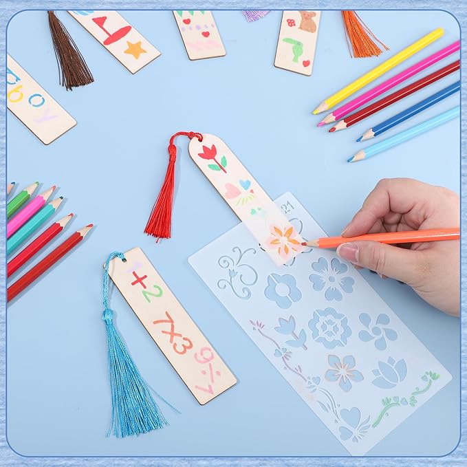 126PCS Bookmark Making Kit, 60 PCS Unfinished Wood Bookmarks with 60 PCS Colorful Tassels 5 Templates Craft and 1 Rope for DIY Crafts, Painting, Father's Day Gift, Birthday Party
