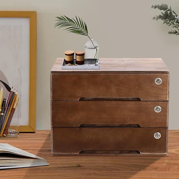 Wooden Storage Box with 3 Drawers, Vintage Office Supplies and Accessories Letter Tray, Wood Desktop School Supply Organizer, Library Card Catalog Cabinet, Rustic Jewelry Box with Lock