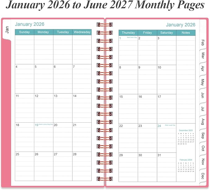 2026-2027 Monthly Planner - January 2026 - June 2027, Two Pages Per Month, 18 Monthly Calendar/Planner with Tabs, Strong Twin-Wire Binding, Inner Pocket, 3.75" x 6.5", Pink