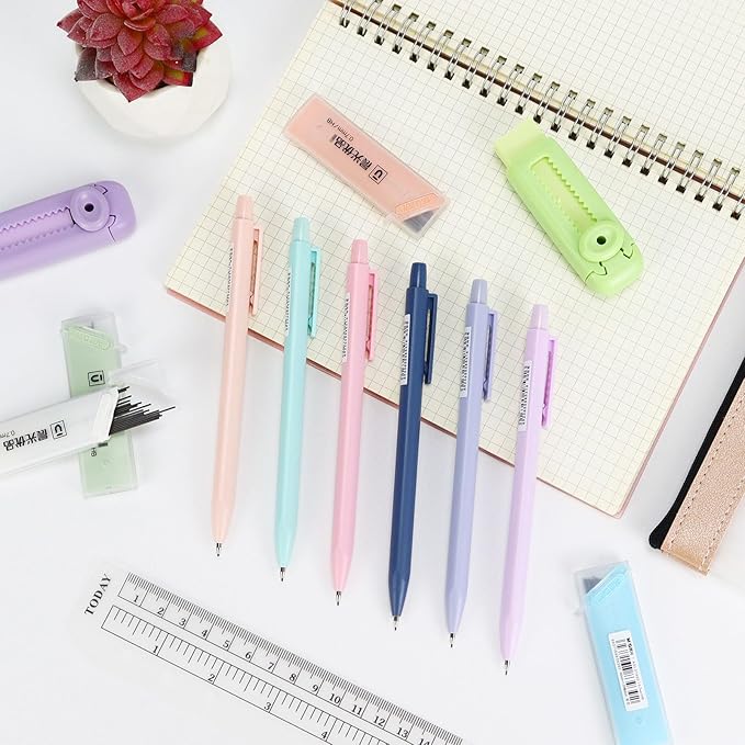 Buqoo Mechanical Pencil Set, 6PCS 0.7mm Cute Pastel Mechanical Pencils, 2Push-Pull Retractable Eraser with 80PCS HB 0.7 Lead Refill and Zipper Bag Pencil Kit for Art, Drawing Pencils for Sketching