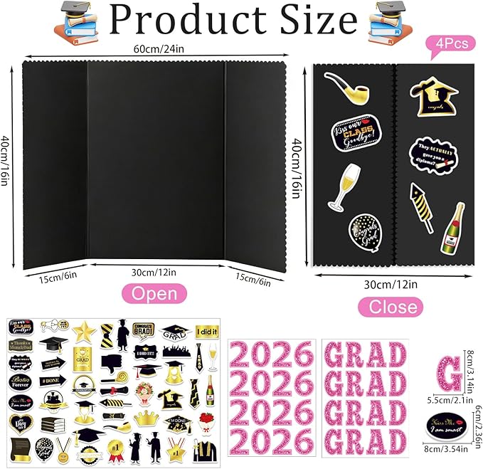 Graduation Photo Display Board - 4 Set Trifold Poster Board for Graduation Party, Pink Folding Picture Presentation Frame for Multiple Pictures Table Decor (24x16 Inches)
