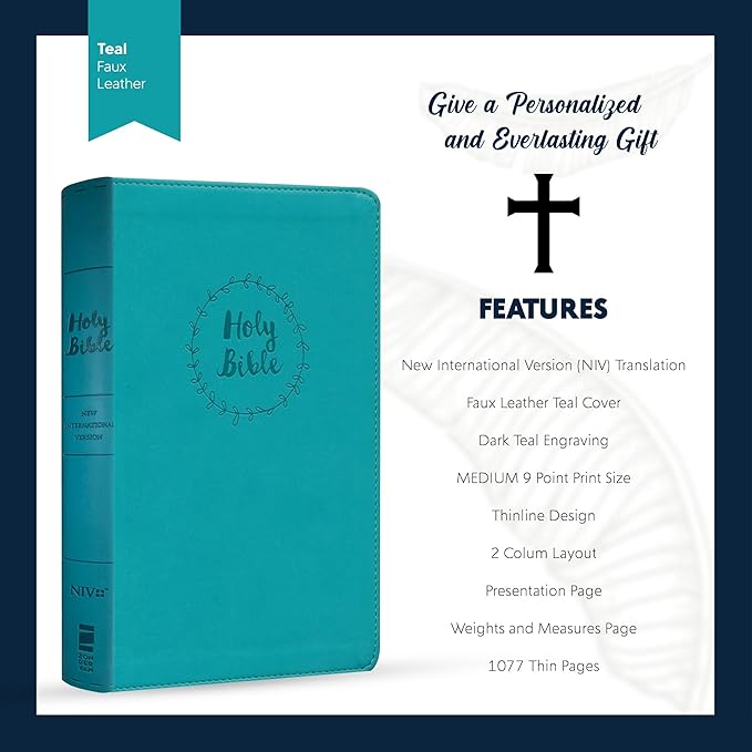 Personalized NIV Thinline Holy Bible Medium Print Size | Includes Engraved Name on Lower Right Corner of Faux Leather Cover | Custom Gift for Christian & Religious Celebrations | Teal