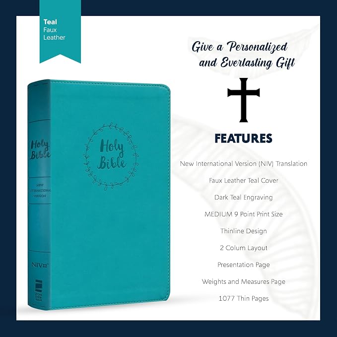 Personalized NIV Thinline Holy Bible Medium Print Size | Includes Engraved Name on Lower Right Corner of Faux Leather Cover | Custom Gift for Christian & Religious Celebrations | Teal