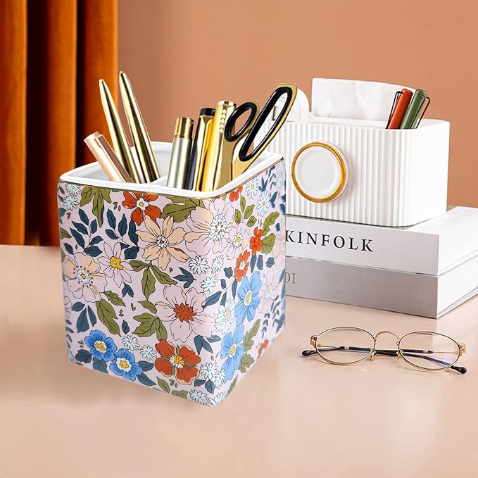 Pen Holder for Desk, Ceramic Pencil Cup, Stylish Abstract Terrazzo Marble Stone Print Organizer Makeup Brush Holders for Home Office (Flower)