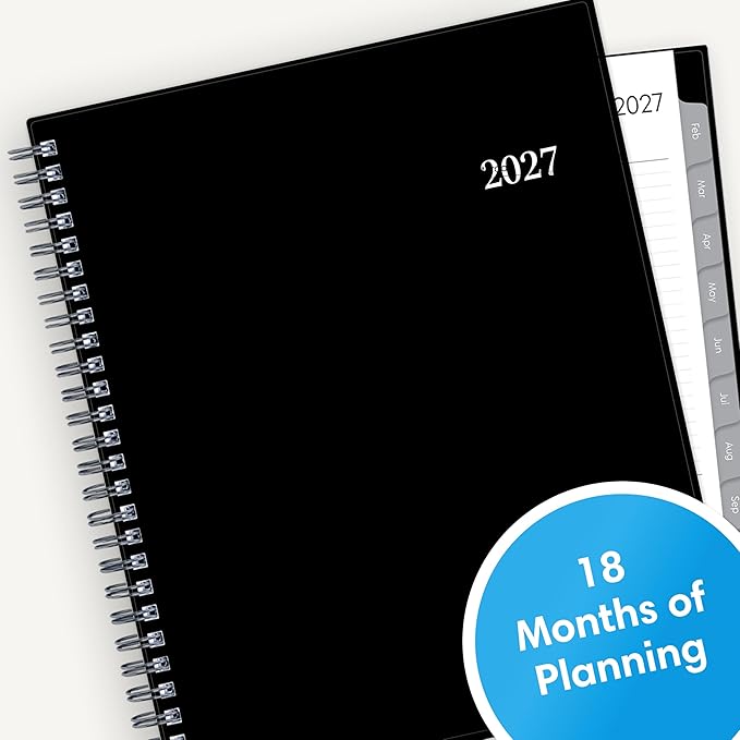 Blue Sky 2027 18 Month Monthly Planner Calendar, July 2026 - December 2027, 8" x 10", Monthly Layout, Flexible Cover, Silver Wirebound, Laminated Tabs, Enterprise