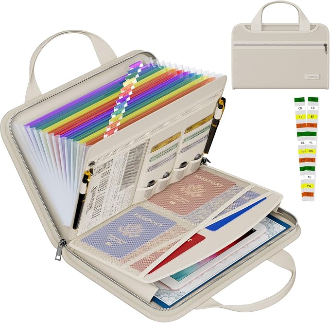 Tamfile Fireproof Accordion File Organizer with Handle, 13 Pocket Colorful Expanding File Folder with Zipper & Labels, File Folder with Multi-Pockets Paper Organizer Folder for Letter A4 Files (Beige)