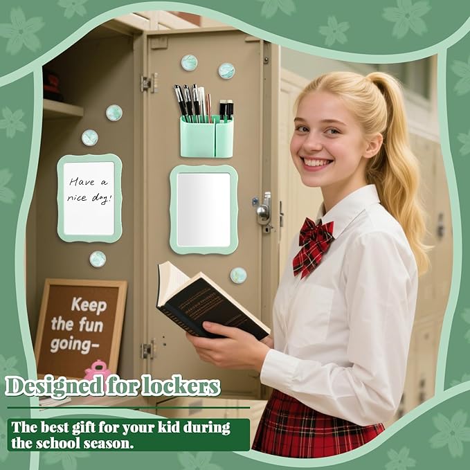 QOUBAI 11 Pcs School Lockers Magnetic Decor Green Locker Accessories Kit with Magnetic Mirror Whiteboard Pen Holder Buckles Lockers Organizer Decorations Locker Essentials for Back to School Supplies
