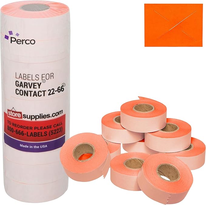 Perco Fluorescent Red Garvey 2216 Pricing Labels for Garvey 22-66/22-77/22-88 Two Line Pricing Gun - 9 Rolls, 1 Sleeve - 9,000 Pricemarking Labels and 1 Inker Included