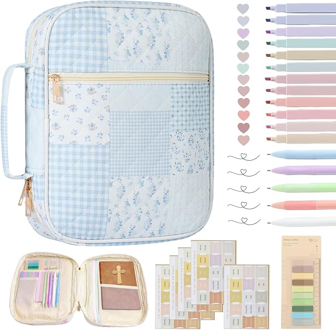 Bible Cover Case for Women Large Bible Cover Bag Bible Study Supplies Accessories Handle Quilted Bible Carrying Case for Girls Christian Gifts for Women (Light Blue)