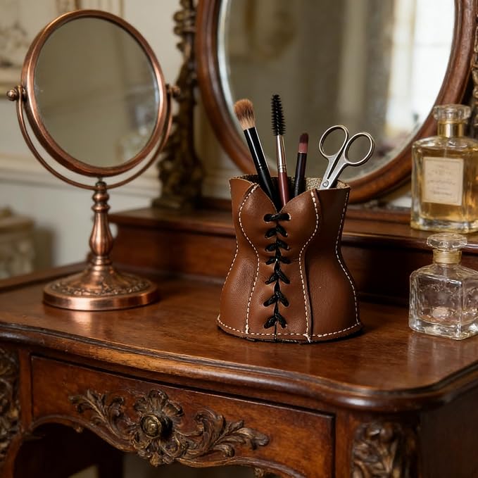 Faux Leather Lace-Up Corset Pencil Holder – Gothic Y2K Desk Pen Cup Makeup Brush Organizer Mini Storage for Home Office, Brown