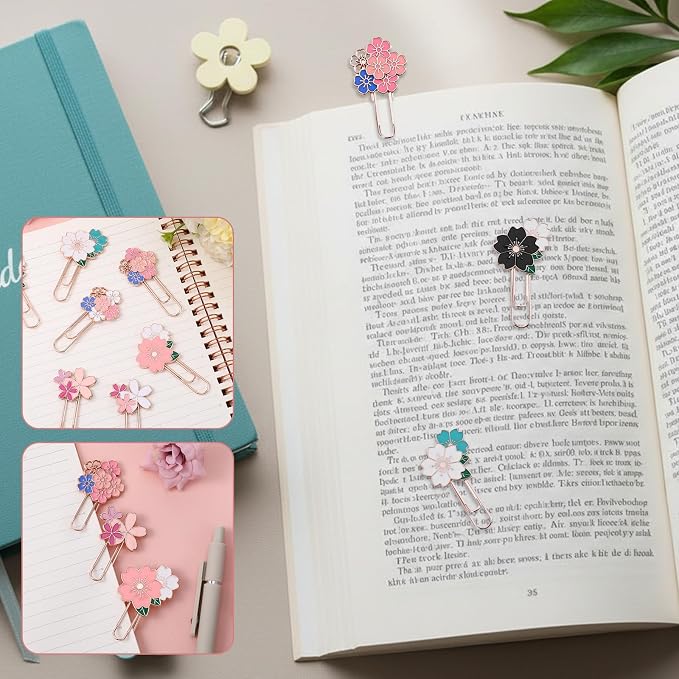 7Pcs Flower Paper Clips Cherry Blossom Clip, Decorative Fancy Paper Clips, Flowers Paper-Clips Bookmarks Cute Metal Paperclip Bookmark for Teacher Office Desk Stationery Accessories