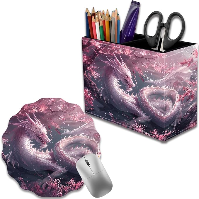 Pen Holder for Desk, PU Leather Multifunctional Desktop Storage Box and Anti-Slip Mouse Pad Set, Makeup Brush Holder Pen Organizer for Office and Home - Cherry Pink Dragon