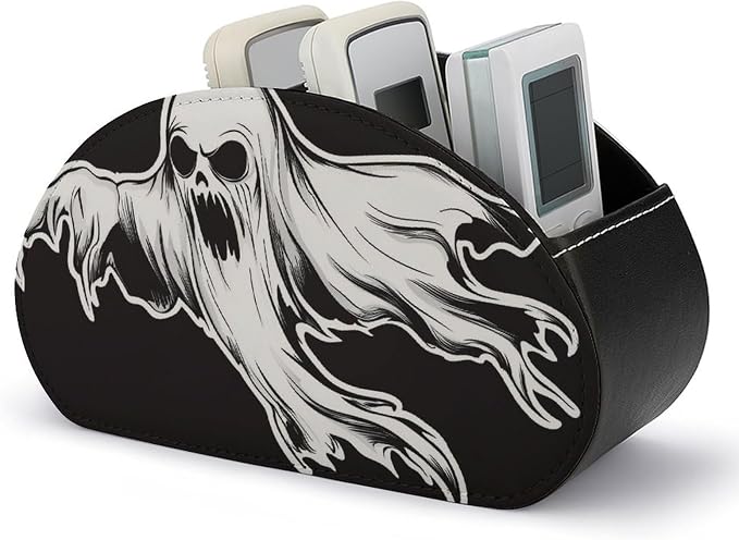 Creepy Ghost Remote Control Holder with 5 Compartments Leather TV Remote Caddy Remote Storage Box Desktop Organizer for Pen/TV Remotes/Media Controllers/Office Supplies