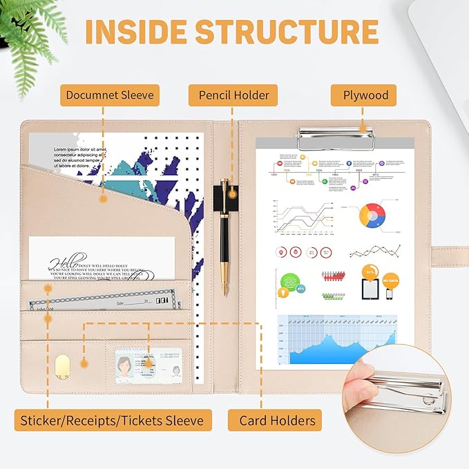 Toplive Executive Resume Padfolio Folder Business Portfolio Interview Presentation Legal Writing Pad Organizer with Card Holder Document Sleeve for Men Women, Gold