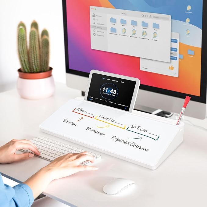 DOLLAR BOSS Glass Desk Whiteboard Small Dry Erase Board Desktop White Board with Storage Drawer Computer Keyboard Stand Desk Organizer Office Accessories Back to School Supplies with 4 Markers, White
