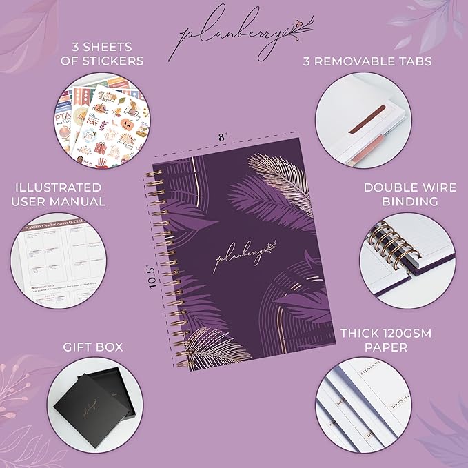 PLANBERRY Teacher Planner – Undated School Year Plan Book for Teachers with Calendars & Lesson Plans – Planner for Classroom Organization & Homeschool – 8”x10.5” Hardcover (Mulberry Velvet)