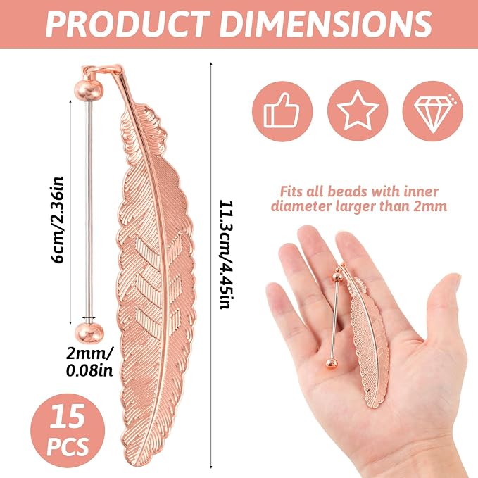 15 Pcs Beadable Bookmarks DIY Feather Metal Bookmark Bars for Beads and Charms, Blank Pendant Bookmarks for Teachers Students, Book Lovers Craft Supplies
