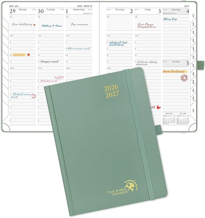 POPRUN 2026-2027 Academic Planner, 6.5" x 8.75", Weekly and Monthly Calendar, July 2026 to June 2027, Hardcover Appointment Book with Verital Layout, Hourly Time Slots, Monthly Tabs - Midnight Green