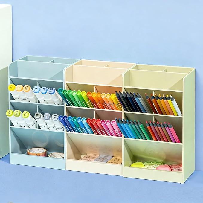 Tissting Desk Organizer, Space-Saving Slanted Design Pen Holder, Pen Holder with 7 Compartments, Pencil and Marker Storage Stand for School Office, Organizer for Office, School Supplies (White)