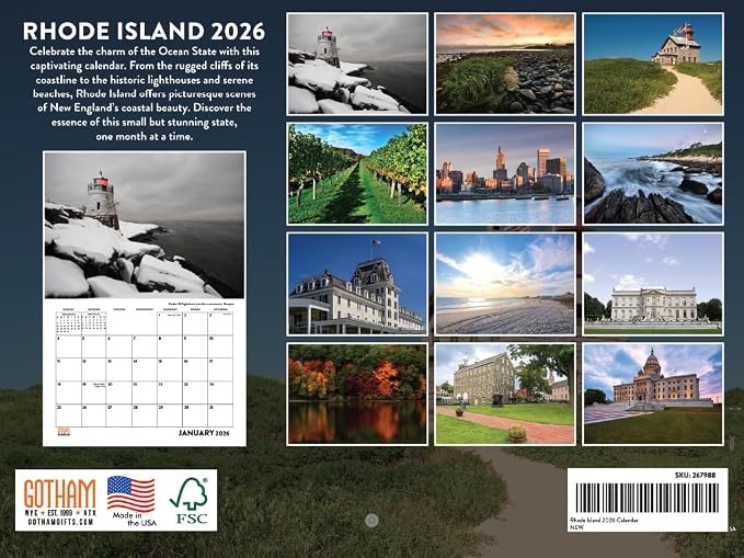 Rhode Island Calendar 2026 Wall 12 Month Monthly RI Scenic Souvenirs Themed Gifts | American Made In The USA