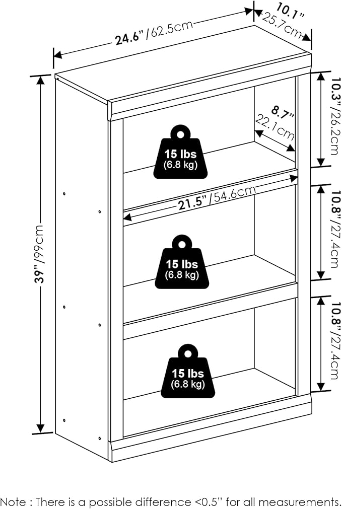Furinno Rail Book Shelf, 3-Tier Bookshelf with Open Shelf, Bookcase with Classic Style Edges, 10 x 24.6 x 39, for Organization and Storage, for Living Room, Bedroom, Home Office, Blackwood